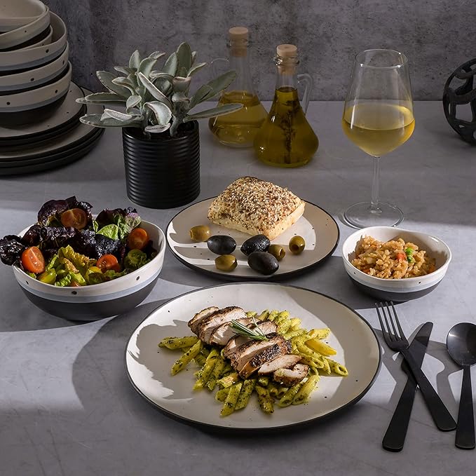 Gibson Elite Rhinebeck 16-Piece Double Bowl Dinnerware Set, Service for 4 ??White and Black Stoneware Plates and Bowls