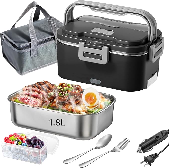 Vidaskeci Electric Lunch Box for Adults 100W Fast Heated Lunch Box for Men Women 1.8L Stainless 304Steel Containers Fast Heating Portable Food Warmer 12V/24V/110V Home/Car/Office/Truck(Black + Gray)