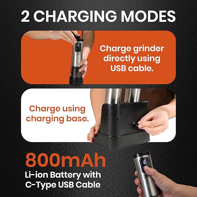 Electric Salt & Pepper Grinder Set ??Automatic Battery Operated Shakers, 5-Level Adjustable Coarseness, Dual Speed, USB Rechargeable, Large Capacity, Ideal Housewarming Gift (Stainless Steel)