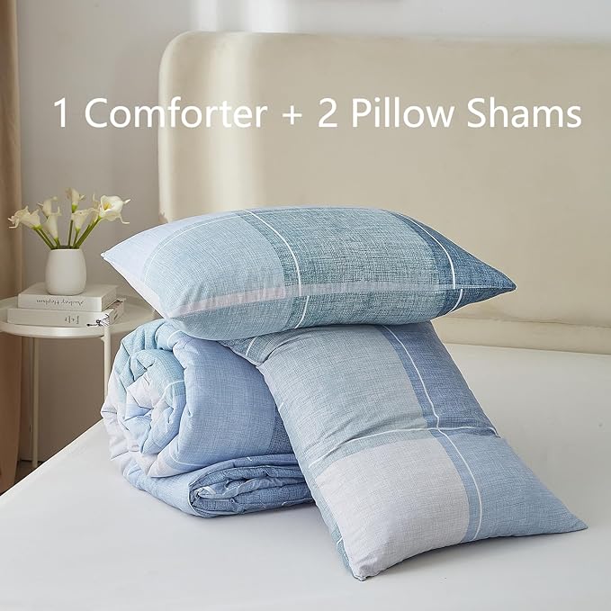 LifeTB Queen Comforter Set Modern Style Checkered Pattern Comforter for Men Boys Blue Plaid Printed Geometric Comforter with 2 Pillow Shams Fluffy Boho Grid Checkered Comforter Set Queen Size