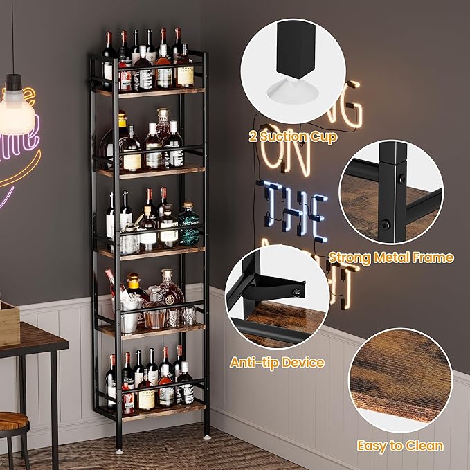 Homeiju 5-Tier Freestanding Wine Rack, 60 Bottles Wine Racks for Wall Mounted, Wines Bottle Holder Display Shelf with Fences, Liquor Storage for Kitchen, Dining Room, Bar (Rustic Brown)