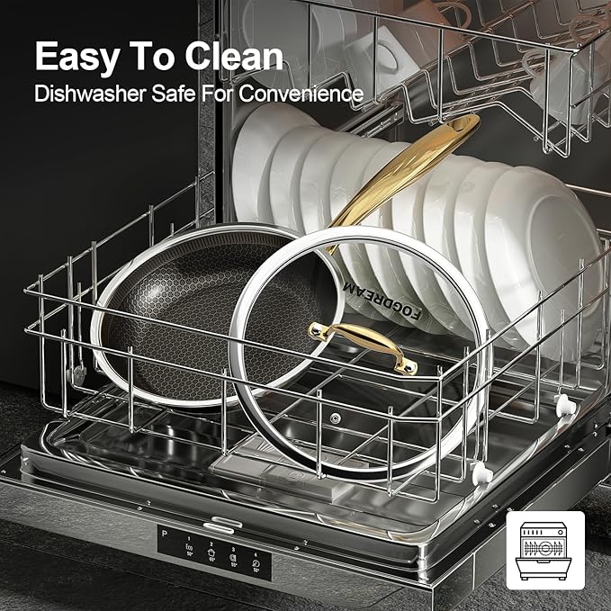 Fogdream 10??Non Stick Frying Pans, Stainless Steel Skillet with Lid, Tri-Ply Stainless Steel for All Cooktops, Dishwasher and Oven-Safe Cooking Pan, Stay-Cool Handle, Gold