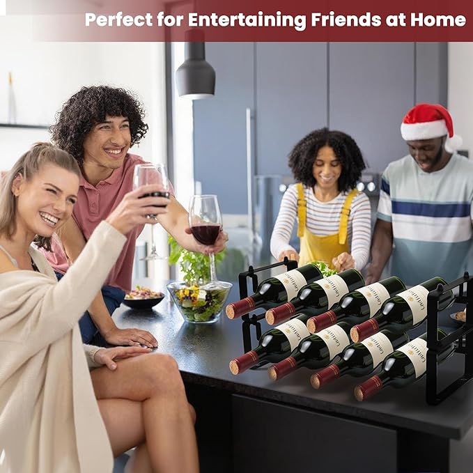 Small Wine Rack for 8 Bottles ??Expandable & Stackable Metal Wine Rack for Cabinet, Countertop, Floor, or Small Spaces ??Compact Wine Storage Shelf for Kitchen, Bar, or Pantry (2 Tier, Black)