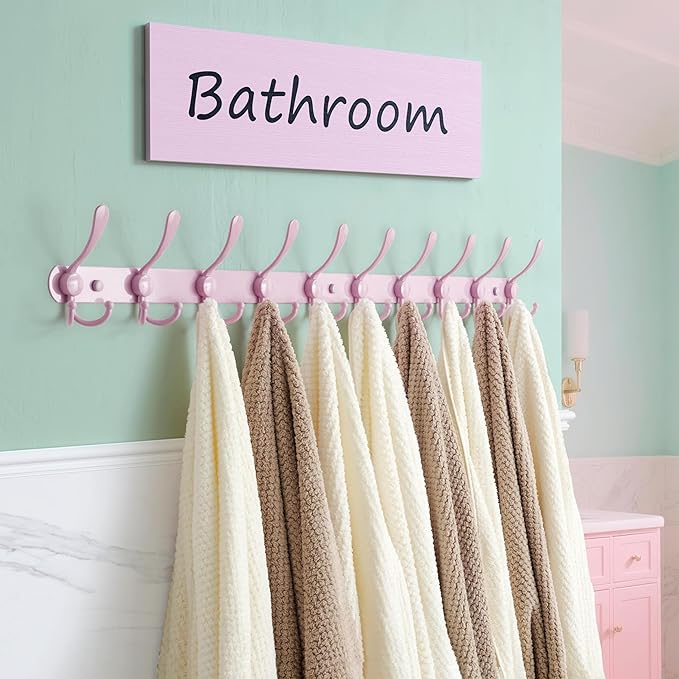 Dseap Coat Rack Wall Mount - 38??Long 10-Tri-Hooks Heavy Duty Coat Hanger Rail Wall Hooks for Hanging Coats Hats Clothing Clothes Purse Mudroom Entryway, Pink, Pack of 2