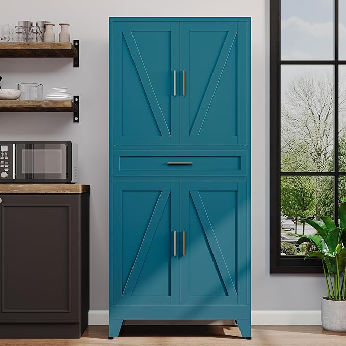 71"H Metal Kitchen Pantry Cabinet with Drawers,Blue Kitchen Storage Cabinets with Doors,Farmhouse Pantry Food Storage Cabinets,Tall Pantry Cabinets,Large Freestanding Cabinets for Dining Room