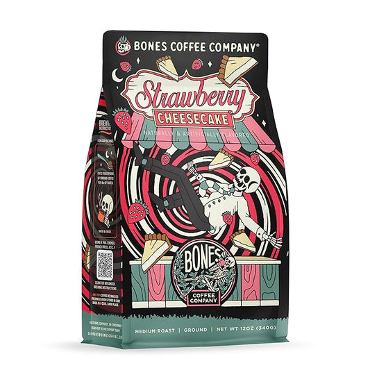 Bones Coffee Company Strawberry Cheesecake Flavored Coffee, Medium Roast Low Acid Arabica Beans Compatible with Auto drip and French Press Coffee Maker, 12 Oz Ground