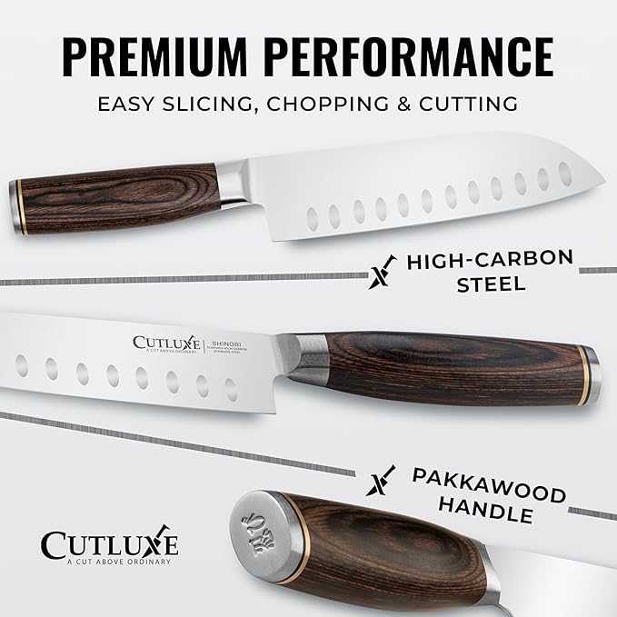 Santoku Knife ??Ultra Sharp 7 Inch Meat and Vegetable Japanese Knife for Chopping, High Carbon Stainless Steel Blade, Full Tang Pakkawood Handle ??Shinobi Series