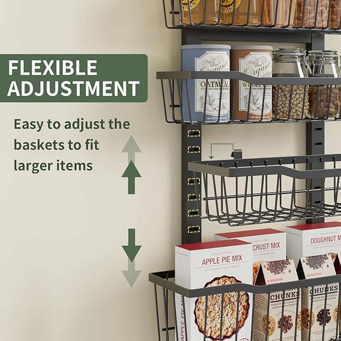 Over The Door Organizer竊?-Tier Over The Door Pantry Organizer with Adjustable Baskets竊똌etal Hanging Pantry Organizers and Storage for Kitchen, Back of Door Seasoning Rack (Black)