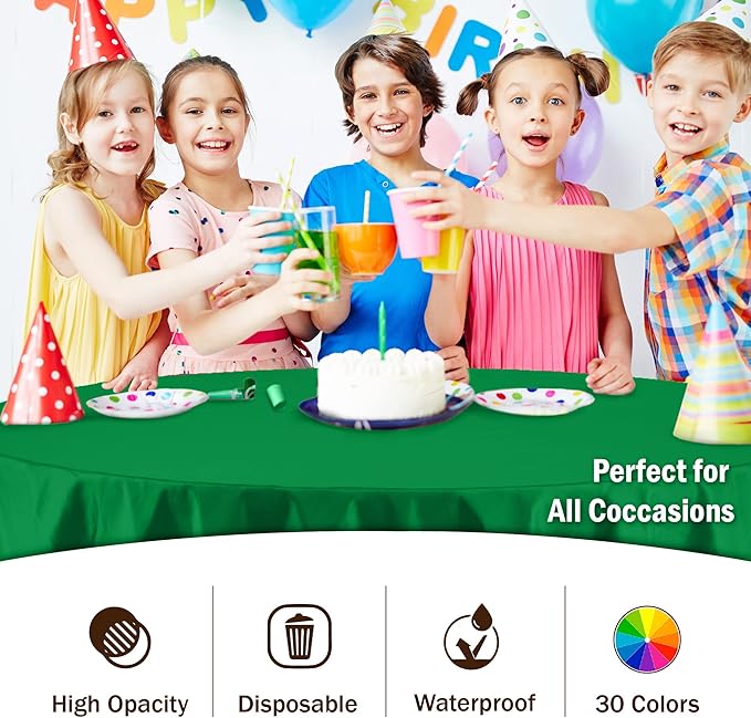 Party Solids 6-Pack Premium Plastic Tablecloth 84in. Round Plastic Table Cover - Emerald Green