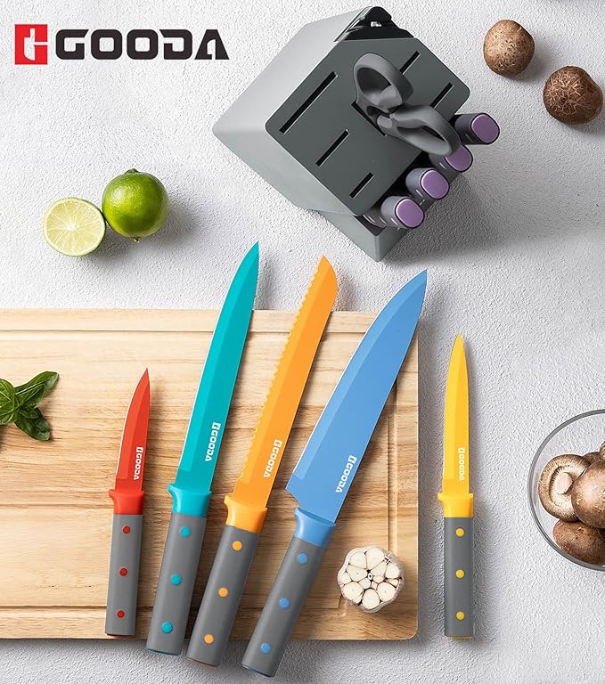 GOODA Knife Set,11 Pieces Kitchen Knife Set with Built-in Sharpener Block,Dishwasher Safe, High Carbon Stainless Steel Chef Cooking Knife Block Set