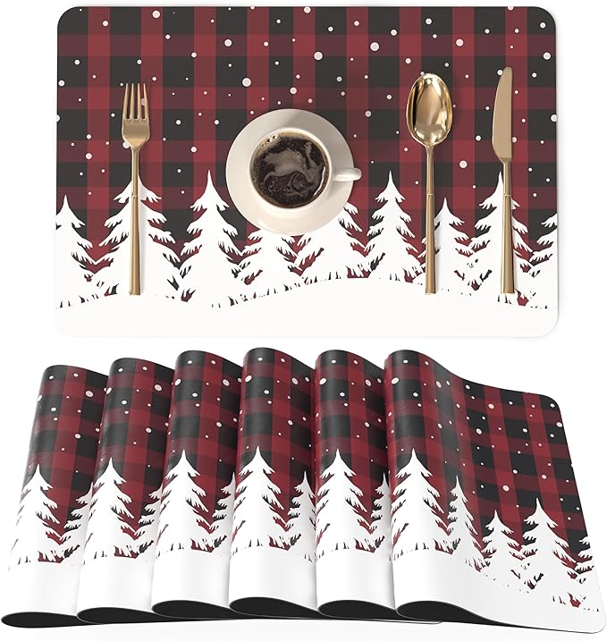 QIYI Christmas Placemats Set of 6, 12x18 Inch Faux Leather Place Mats for Kitchen Dinning, Heat Resistant Anti Slip Winter Table Mats, Waterproof Wipeable Placemat Party Table D챕cor, Red Buffalo Plaid