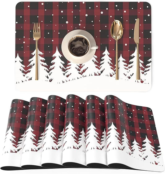 QIYI Christmas Placemats Set of 6, 12x18 Inch Faux Leather Place Mats for Kitchen Dinning, Heat Resistant Anti Slip Winter Table Mats, Waterproof Wipeable Placemat Party Table D챕cor, Red Buffalo Plaid