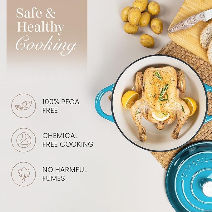 Nuovva Enamelled Cast Iron Dutch Oven Pot with Lid 6.4 Quart Non Stick Casserole Pot ??Heavy Duty & Oven Safe up to 500째 F for Bread Baking, Braising, Stews, Roasting ??28cm Light Blue