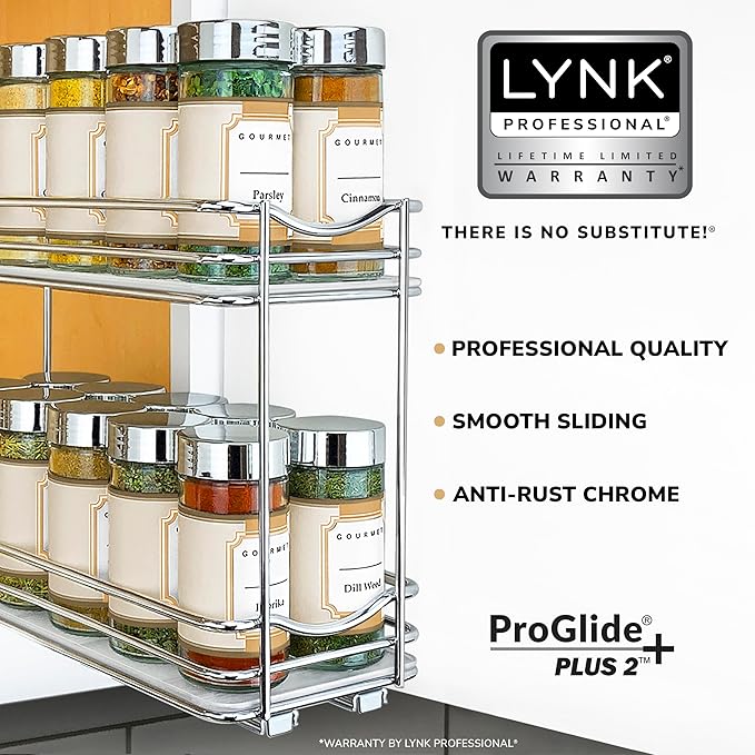 LYNK PROFESSIONAL짰 Pull Out Spice Rack Organizer for Inside Kitchen Cabinets - 4-3/8 inch Wide - Slide Out Drawer ??Chrome Sliding Spice Cabinet Organization Shelf Racks - 2 Tier