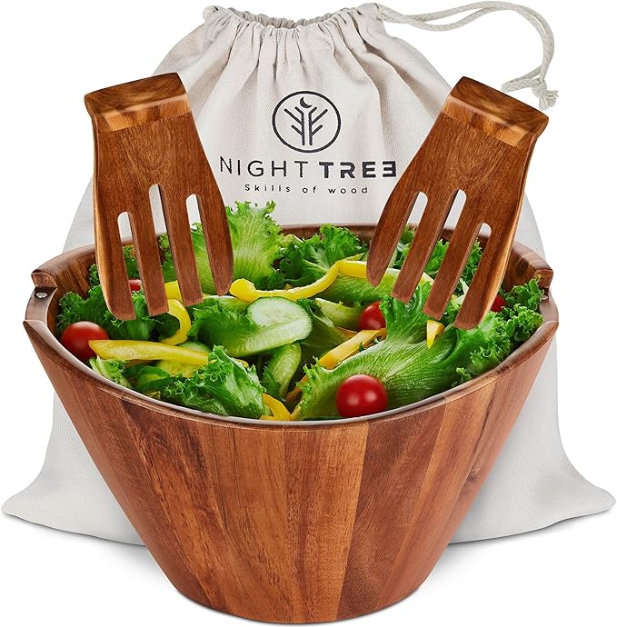 Night Tree Large wooden salad bowl with serving forks mixing, wood salad bowl set for food or fruits, magnetic utensils fit for 6?? servings, ideal to family meals or as a unique gift