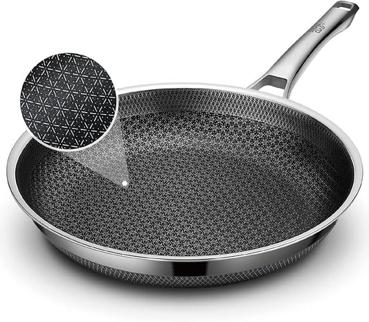 Frying Pan, 12 Inch Hybrid Non Stick Stainless Steel Skillets, Dishwasher Induction Oven Broiler Safe, Non Toxic Chef's Pan, PFOA Free Cookware