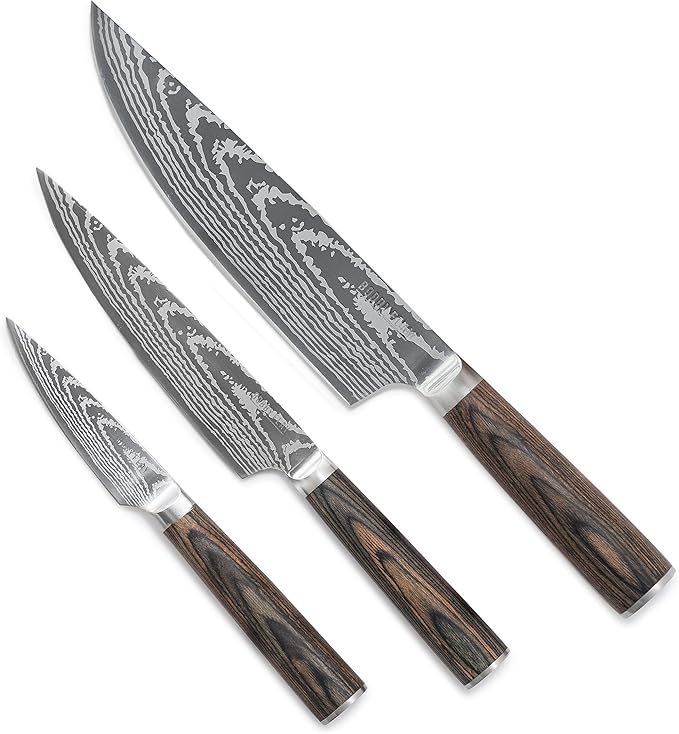 GreenPan x Bobby Flay 3 Piece Knife Set, Pairing Utility & Chef?셲 Knife, Premium Stainless Steel Blades, Precision Cutting Kitchen Tools, Hand Finished Ergonomic Wood Handle, Damascus Steel Design
