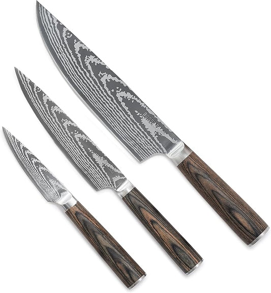 GreenPan x Bobby Flay 3 Piece Knife Set, Pairing Utility & Chef?셲 Knife, Premium Stainless Steel Blades, Precision Cutting Kitchen Tools, Hand Finished Ergonomic Wood Handle, Damascus Steel Design