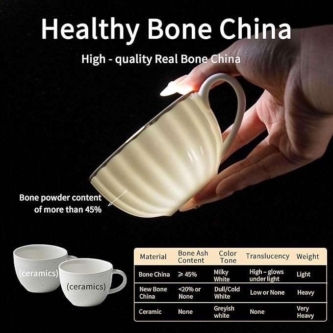 Bone China Tea Cups and Saucers Set (6 oz, Set of 4) ??White Luxury Fine Porcelain Mugs for Tea, Coffee, Latte Art, Barista Use, Elegant Gifting