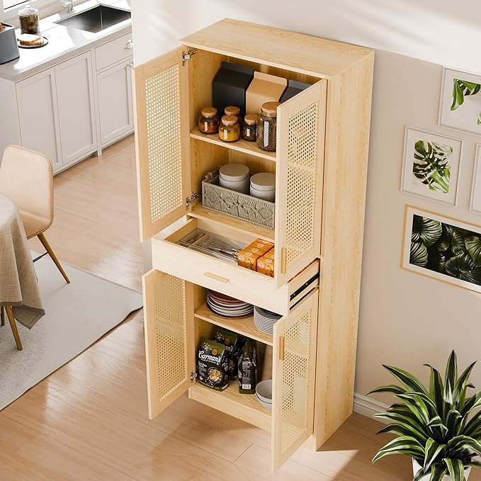 Cozy Castle Kitchen Pantry Cabinet, 71" Tall Rattan Doors Storage Cabinet with Large Drawer and Adjustable Shelves, Freestanding Rattan Pantry Cabinets for Kitchen, Dining Room, Living Room, Oak