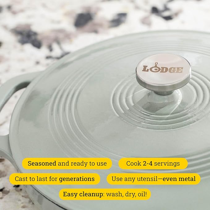 Lodge 3.6 Quart Enameled Cast Iron Covered Casserole with Lid ??Dual Handles ??Oven Safe up to 500째 F or on Stovetop - Use to Marinate, Cook, Bake, Refrigerate and Serve ??Desert Sage