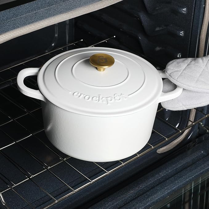 Crock-Pot Artisan 5-Quart Round Dutch Oven ??Matte Linen White with Gold Knob, Enameled Cast Iron Cookware