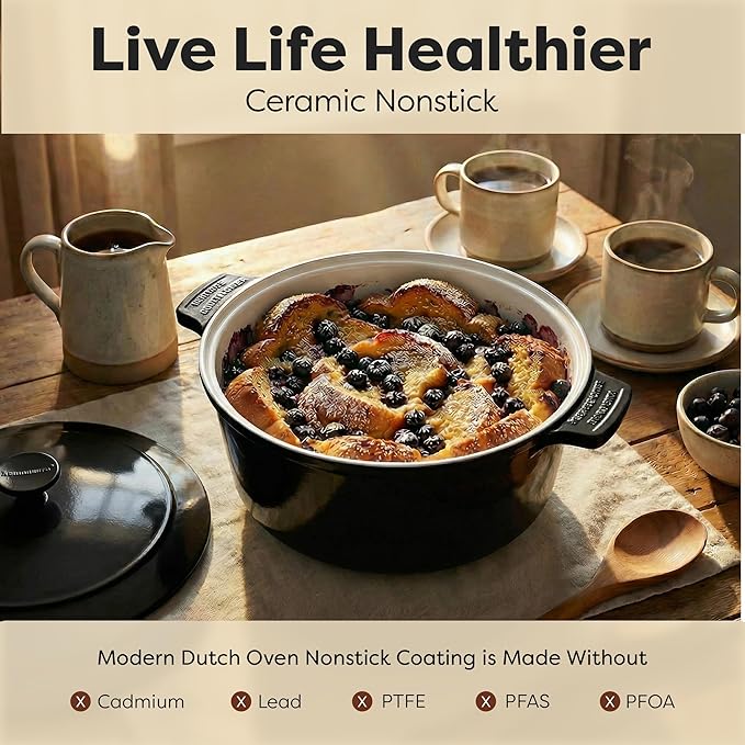 Gotham Steel 5 Qt Lightweight Dutch Oven Pot with Lid & Holders, Ceramic Non Toxic, Oven Safe & Even Heat Retaining Dutch Oven for Bread Baking Sourdough, Soup, Casserole, 70% Lighter than Cast Iron