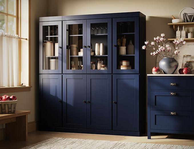 Palace Imports 100% Solid Wood China Cabinet - Kitchen Pantry - Wooden Storage w/Adjustable Shelves, Navy Blue, 65" w x 71.5" h x 15.5" d, Renewable Eco-Friendly Wood, Made in Brazil