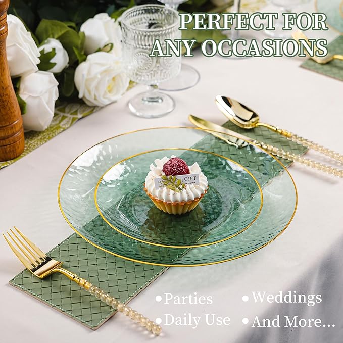 Lullaby 60pcs Green Plastic Plates with Gold Rim, Includes 30pcs Dinner Plate 10'' and 30pcs Clear Dessert Plate 7.5'', Green Disposable Plastic Plates for Parties, Birthdays and Wedding