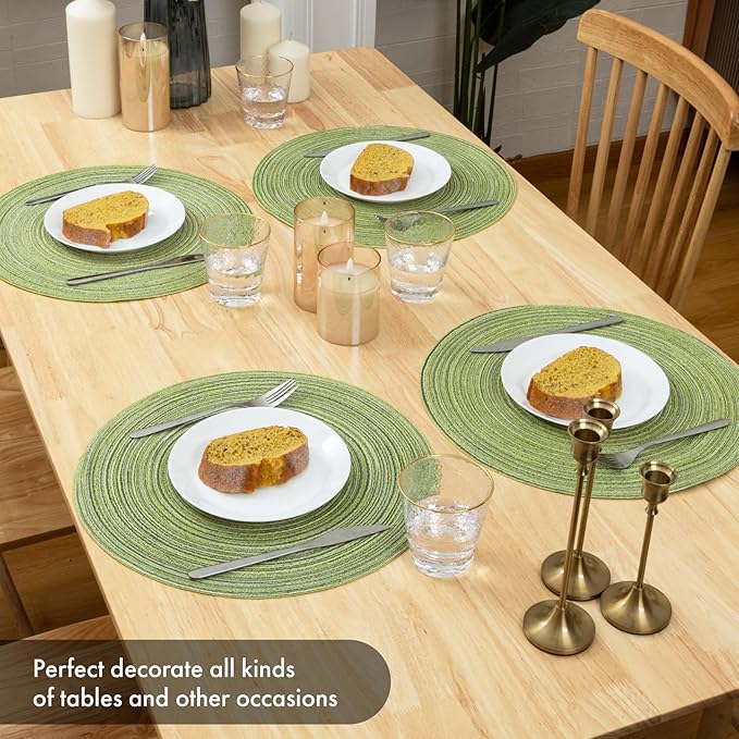 Winknowl Round Braided Placemats Set of 6 Washable Woven Heat Resistant Table Mats for Kitchen Dining Tables 15 inch Round Place Mats (Pea Green,6)