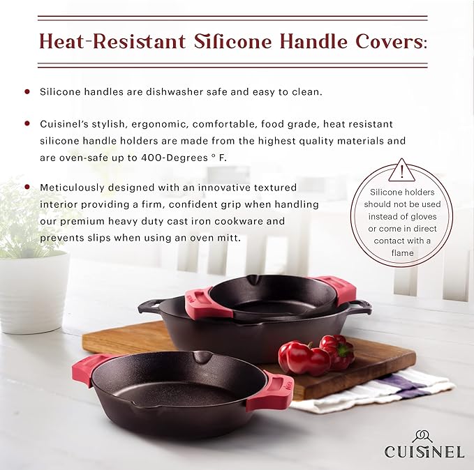 Cast Iron Skillet Set - 8" + 10" + 12"-Inch Dual Handle Frying Pans + Silicone Handle Holder Covers + Pan Scraper - Pre-Seasoned Oven, Grill, Stovetop, Induction Safe Cookware - Indoor/Outdoor Use