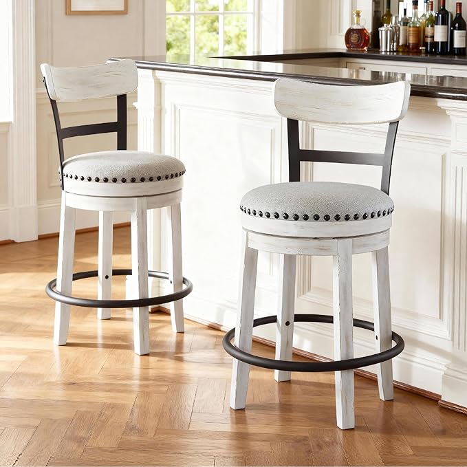 Signature Design by Ashley Valebeck | Modern Swivel 24.5" Counter Height Barstool ??Rustic-Industrial Whitewash, Upholstered Cushion, 360째 Swivel, Nailhead Trim