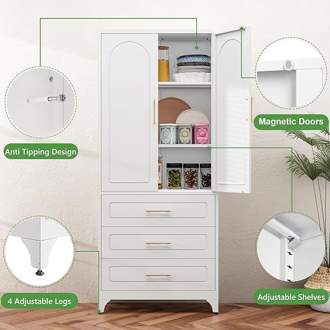 75??Tall Kitchen Pantry Cabinet,Metal Storage Cabinets with Doors and Adjustable Shelves,Modern Kitchen Hutch Cabinet,Freestanding Cupboard for Dining Room