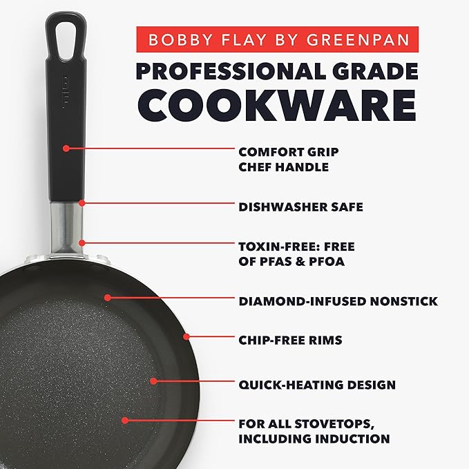 GreenPan x Bobby Flay 2 Piece- 8??and 10??Nonstick Frying Pan Skillet Set, PFAS-Free Diamond Ceramic, Induction Suitable, Stay-Cool Silicone Handle, Easy Clean Dishwasher & Oven Safe, Black