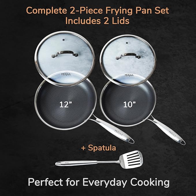 Nonstick Frying Pan 2-Piece Set (10?? 12?? with Lids & Spatula + 11??Stainless Steel Honeycomb Wok, Tri-Ply Hybrid Cookware Bundle, PFOA-Free, Induction, Dishwasher & Oven Safe