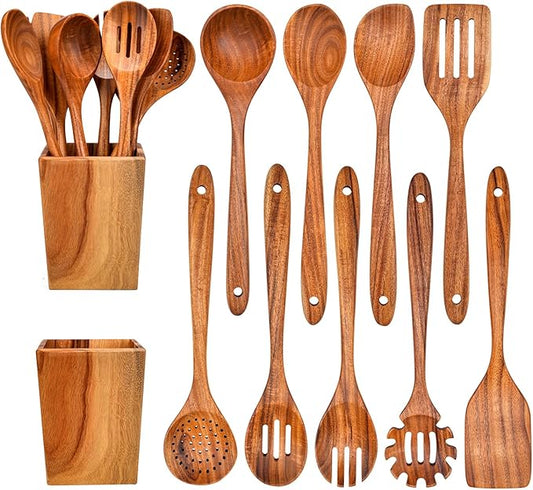 Gudamaye 13 inch Long Wooden Spoons for Cooking, 9 PCS Natural Teak Wooden Kitchen Utensil Set with Utensils Holder Made of Australia Camphor Laurel Wood竊똚ooden Utensils for Cooking