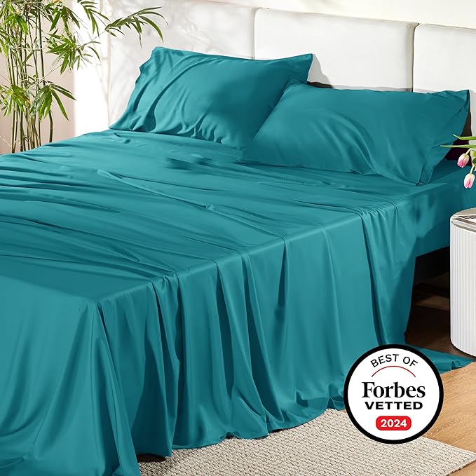 Bedsure Full Size Bed Sheets, Cooling Sheets, Rayon Derived from Bamboo, Breathable & Soft, Deep Pocket Up to 16 Inches, Hotel Luxury Silky Bedding for Hot Sleepers, Turquoise