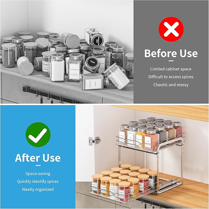 Pull Out Spice Rack, 2 Tier Spice Organization for Cabinet, Heavy Duty Spice Rack, 9-1/4 inch Wide - Spice Racks for Inside Cabinets, Kitchen, Pantry - Chrome, 9.25?쓂 x 10.39?쒭 x 9.76?쒱
