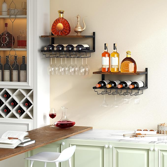 2 Tiers Wine Rack Wall Mounted with Wine Bottle Holder & Wine Glass Rack, Bar Shelves for Liquor Bottles, Hanging Wine Rack, Wine Storage Display Rack Shelf for Home Bar,Dining Room,Kitchen,Rustic