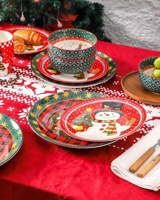 Hasense Dinnerware Set of 4, Ceramic Holiday Plates and Bowls Sets with Mugs, 16 Pieces Chip & Scratch Resistant Party Serving Dishes for New Year Gift, Microwave and Dishwasher Safe