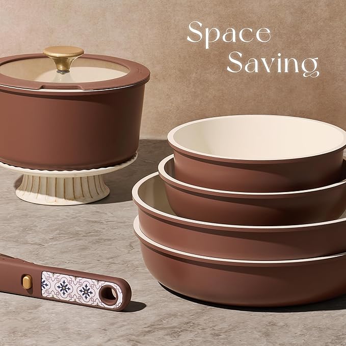 CAROTE 21Pcs Ceramic Cookware Set, Pots and Pans Set Non stick, Non Toxic Cookware Detachable Handle, Kitchen Cooking Set - Induction Cookware, Dishwasher/Oven Safe, PFAS Free, Chocolate