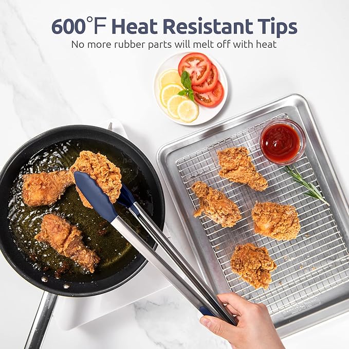600쨘F Heat Resistant Kitchen Tongs: U-Taste 16 in Extra Long Large Silicone Cooking Tong with Non Stick Rubber Tips & Non Slip Silicon Coated 18/8 Stainless Steel Handle for Grill BBQ (Midnight Blue)