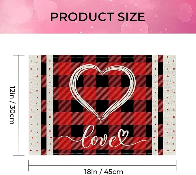 Valentine Placemats Set of 4, 12x18 Inch Buffalo Plaid Love Hearts Table Mats, Seasonal Anniversary Holiday Valentines Day Table Decorations for Kitchen Dining Home Party Decor