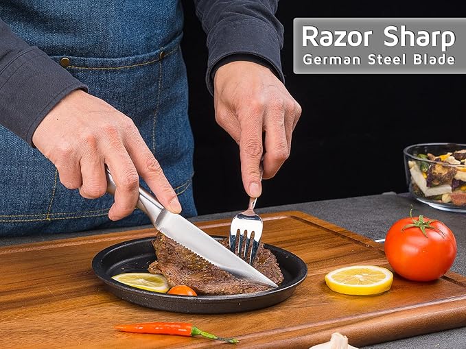 WELLSTAR Serrated Steak Knife Set of 6, Razor Sharp German Steel Blade 4.75 inch and Comfortable Stainless Steel Hollow Handle Durable Diner Table Knives Pack for Home Restaurant