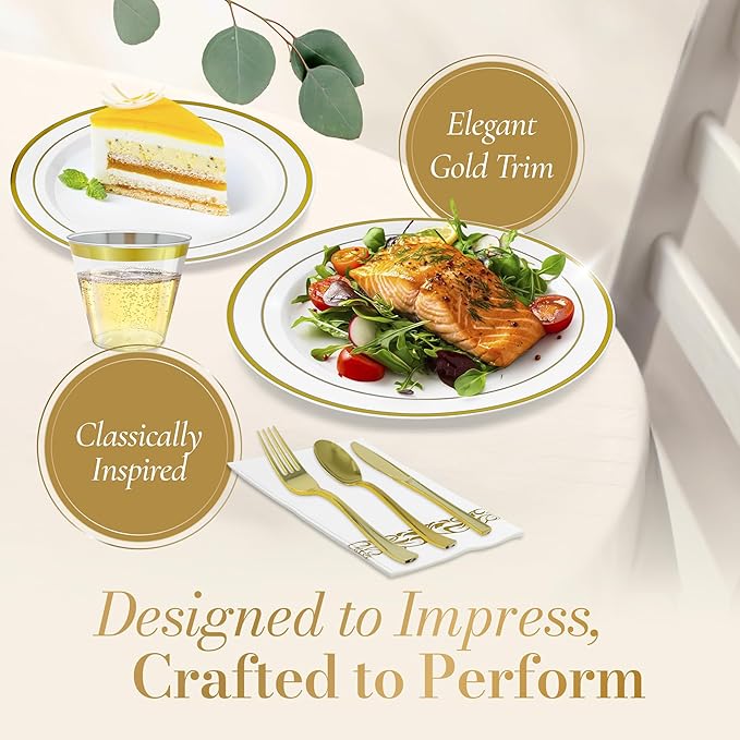Reli. Plastic Plates for Party | 385 Pieces | White w/Gold Rim | Plates and Napkins Party Supplies | Disposable Dinnerware Set for 55 Guests | Dinner & Dessert Pack, Gold Cutlery Set, Napkins, Cups