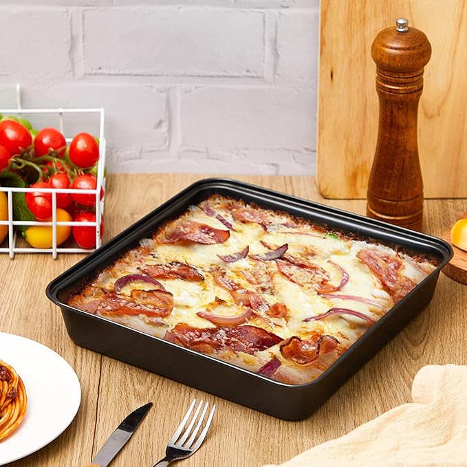 RimCereal 3 Pcs Detroit Style Pizza Pan 10 x 10 x 1.8 Inch Non Stick Rectangle Deep Pizza Pans Pre Seasoned Carbon Steel Sicilian Style Pan Dish Bakeware Kitchenware