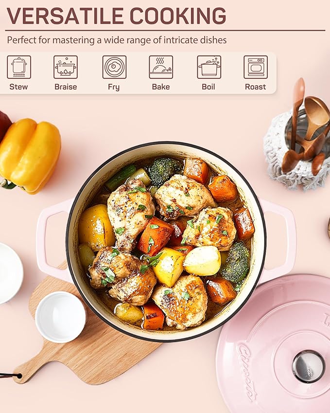 6 QT Dutch Oven Pot with Lid, Enameled Cast Iron Dutch Oven for Bread Making, Braiser, Cooking, Dual Handles, Oven Safe up to 500째 F or on Stovetop, Gifts for Family - Pink