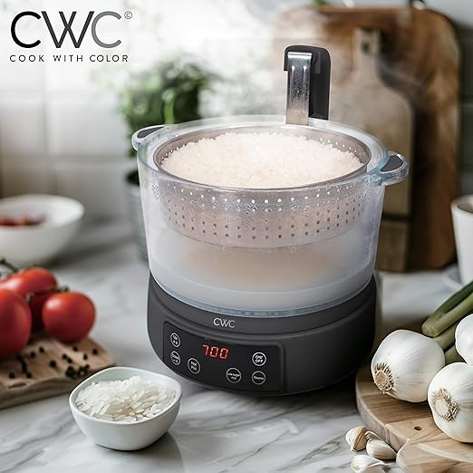COOK WITH COLOR 3L Glass Mini Low Carb Rice Cooker ??Holds 2 Cups Raw/Makes 6 Cups Cooked with Auto Lift Filter Basket, Hotpot & Steamer for Rice, Grains, Digital Panel with Keep Warm, Black
