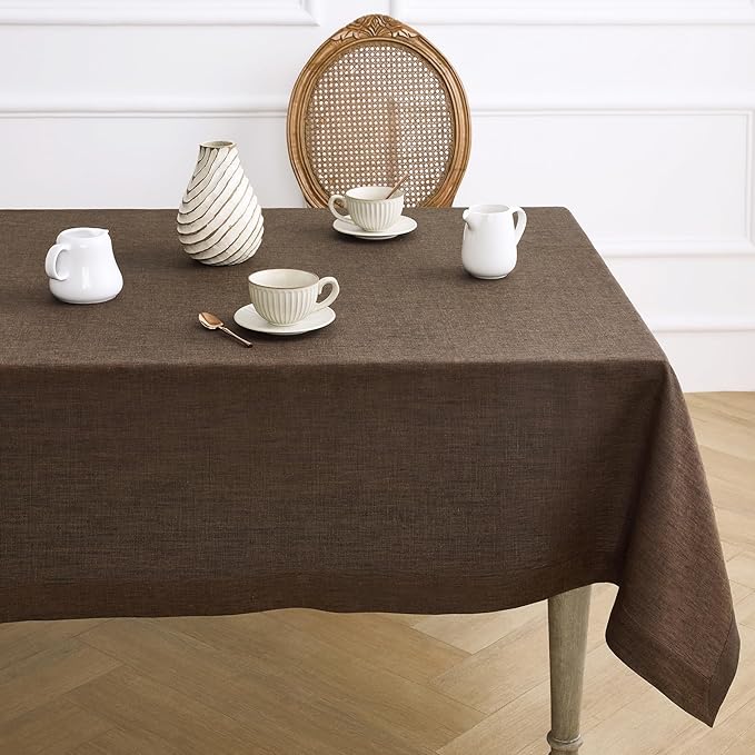 Solino Home Linen Tablecloth 60 x 144 Inch - 100% Pure Linen Chambray Brown Table Cloth for Rectangle Tables - Athena, Machine Washable Tablecloth