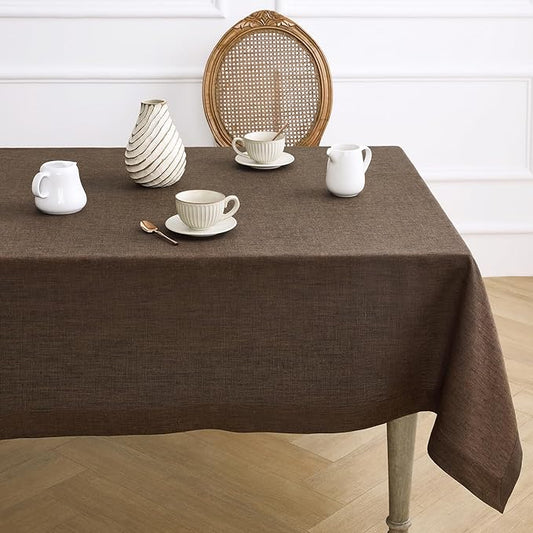 Solino Home Linen Tablecloth 60 x 144 Inch - 100% Pure Linen Chambray Brown Table Cloth for Rectangle Tables - Athena, Machine Washable Tablecloth